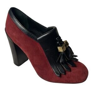 Tory Burch Red Black Suede Leather Tassel Chunky Square Toe Heels Size 7